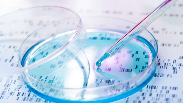 A petri dish sitting on printout of DNA data 