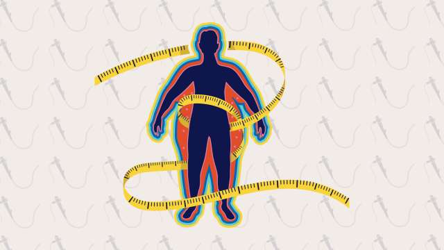 Illustration of a tape measure loosely flowing around a person.
