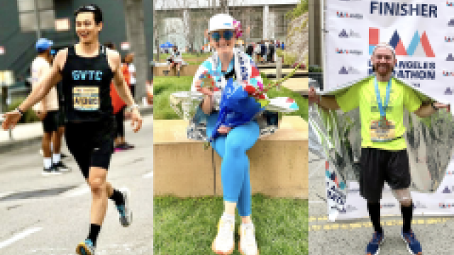 Three people during a marathon: a man running, a woman sitting, and a man with a finisher banner behind.