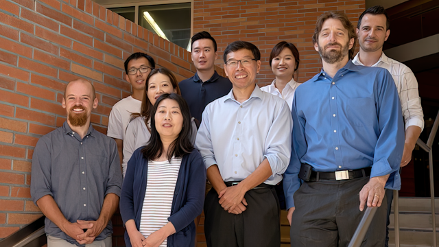 UCLA Jonsson Cancer Center Biostatistics, Analytical Support & Evaluation Shared Resource team members standing on a staircase in front of brick building