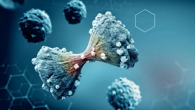 an illustration demonstrating microscopic view of cancer cells with a blue background