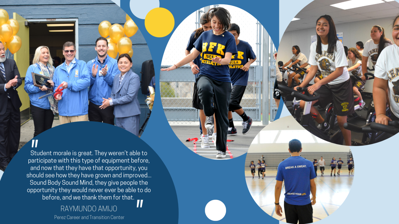 Collage: UCLA Health Sound Body Sound Mind event, with various photos of students exercising in new fitness centers.