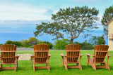 a row of adirondack chairs overlooking a tree and ocean view in the distance