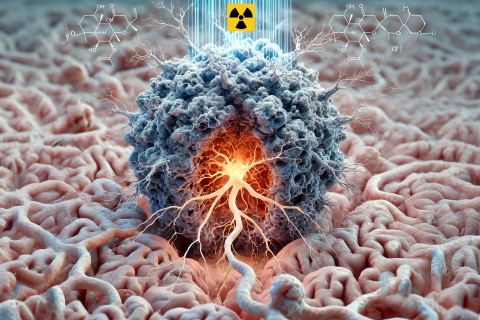 Illustration of a cancer cell becoming neuron‑like, with branching extensions and radiation symbols above