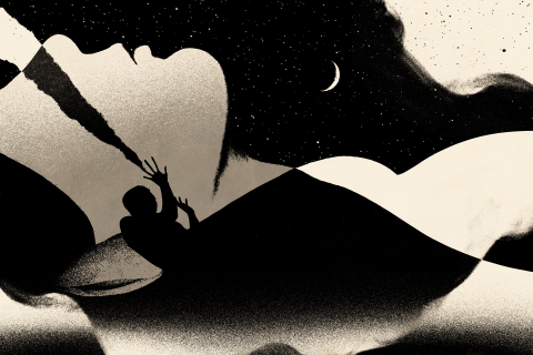 Black and white collage of a person sleeping, one waking up to a nightmare, and the night sky with the moon in the back.