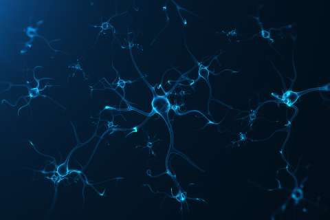 Blue abstract representation of interconnected neurons on a dark background.