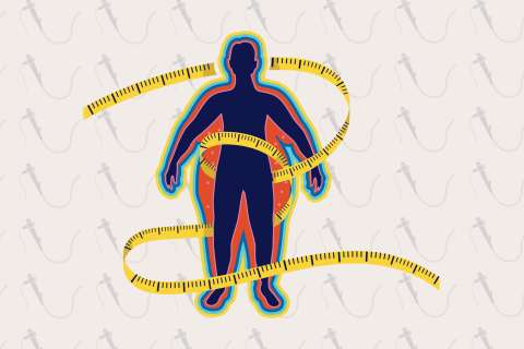 Illustration of a tape measure loosely flowing around a person.