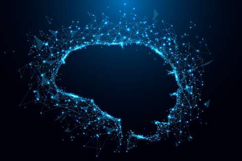 A rendering of a brain on a blue background.