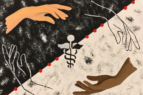 Illustration titled “Medical Equality” by Arielle Clarke, depicting diverse hands reaching toward a caduceus symbol, representing equitable access to healthcare.