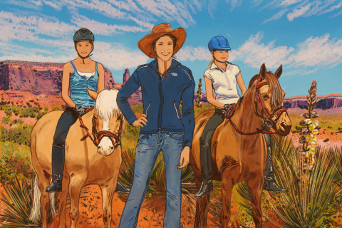 Stylized portrait of RC Lechner by Anna Higgie, with bold colors, geometric shapes, desert setting, and two girls riding a horse.