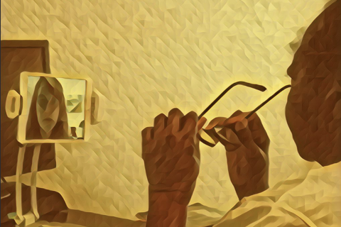 A rendition of someone using an assistive zoom device for a telehealth appointment