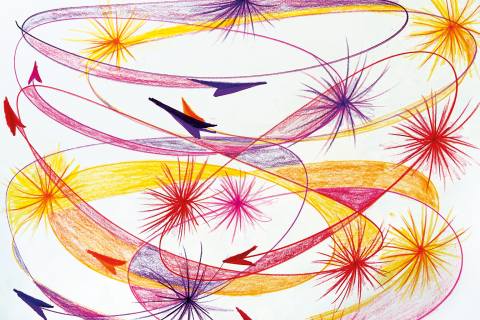 Abstract artwork with various shapes in yellow, pink, orange, and purple. Artwork created by Jill Bonilla