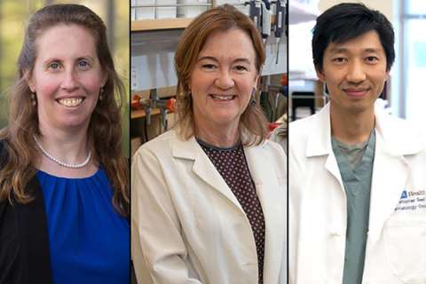 Three individuals in lab coats, set against a scientific background.