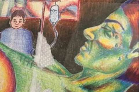A colorful drawing of a woman in a medical setting, with an IV drip and a figure in the background.