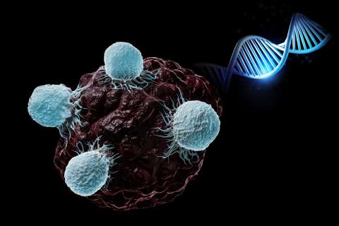 Illustration of T cells attacking cancer cells with a DNA model.