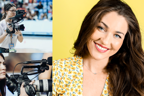 A smiling woman alongside images of her filming with a professional video camera at UCLA Athletics and events.