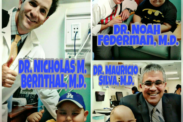 UCLA pediatric patients smile with Drs. Nicholas Bernthal, Noah Federman, and Mauricio Silva during their hospital visits.