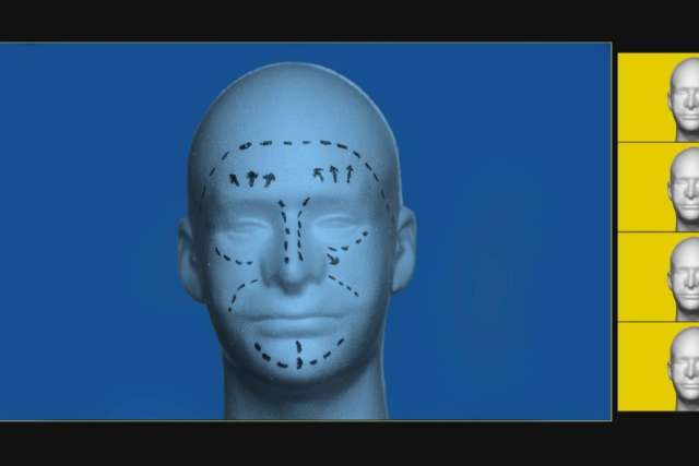 3D model of a human face with marked facial features on a blue background.