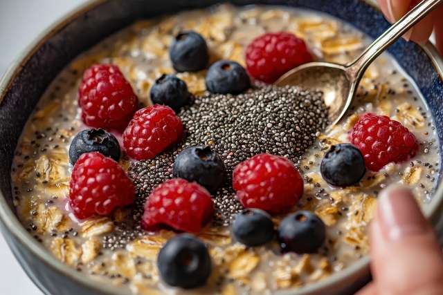 Bowl of oatmeal topped with raspberries, blueberries, and chia seeds.