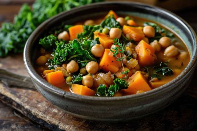Easy Chickpea & Kale stew in a gray bowl