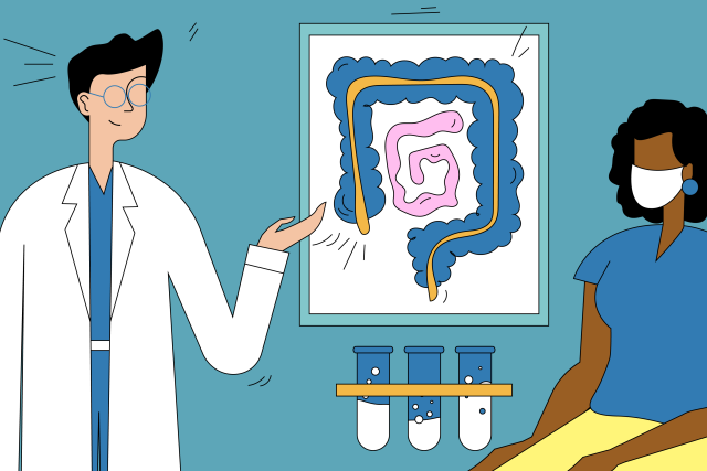 Illustration of a doctor explaining a diagram of the human colon to a patient, with test tubes displayed on a shelf below the diagram.