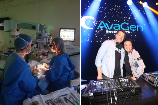 Two-panel image showing an eye surgery team using an operating microscope in a clinical setting on the left, and two DJs smiling behind a mixing console under blue and orange stage lights at an AvaGen booth on the right.