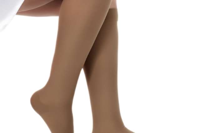 Legs wearing brown open-toe compression stockings