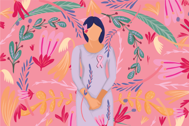 Illustration of a woman with a breast cancer ribbon on her shirt. The background is pink and full of  plants with green, red, and yellow colors.