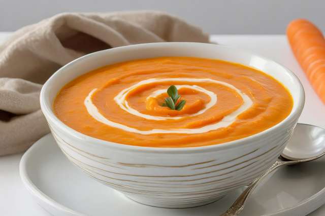    Creamy Carrot-Sweet Potato Soup in white bowl