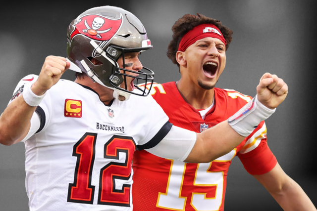  Two American football quarterbacks, Tom Brady in a Buccaneers uniform and Patrick Mahomes in a Chiefs uniform, cheer with fists raised.