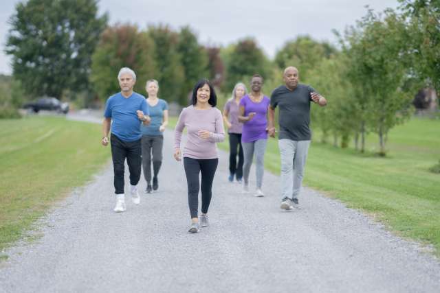 Group of older adults walking on a park path