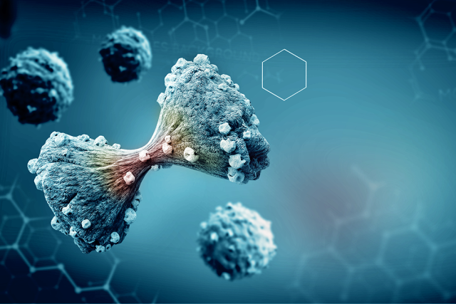 an illustration demonstrating microscopic view of cancer cells with a blue background