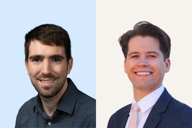 Two headshots: bearded man in a casual shirt and smiling man in suit and tie