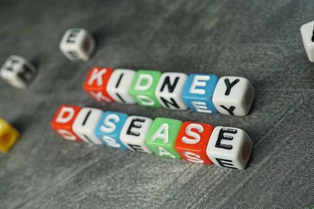 Colorful lettered beads spelling 'Kidney Disease' on a gray textured surface.