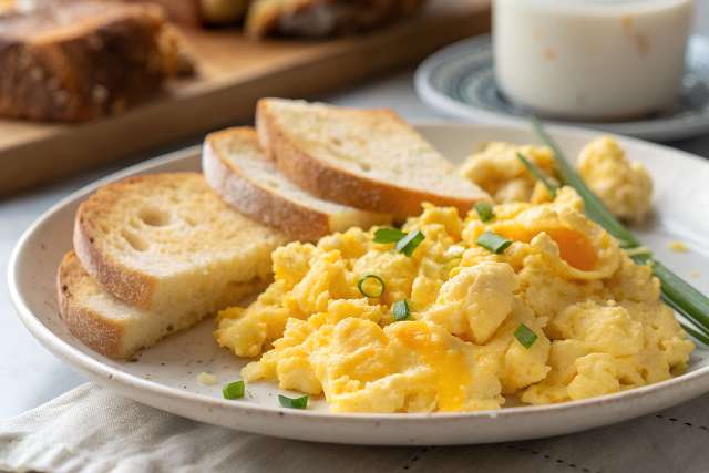Scrambled eggs with green onions and slices of toasted bread on a plate.