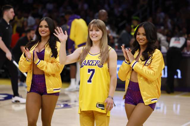 Rachel Tatem and Laker Girls on the basketball court