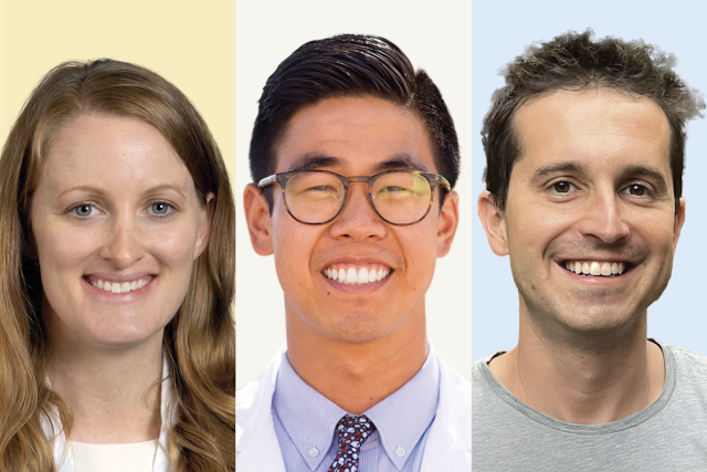 Three head-and-shoulder portraits side by side, faces blurred; center wears white coat and tie.