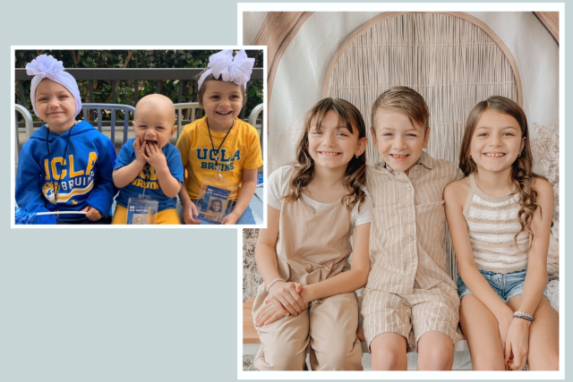 Two side-by-side images of the Langenhop siblings - the left image features all three kids sitting next to one another wearing UCLA gear; the right image shows those same children now grown by six years.