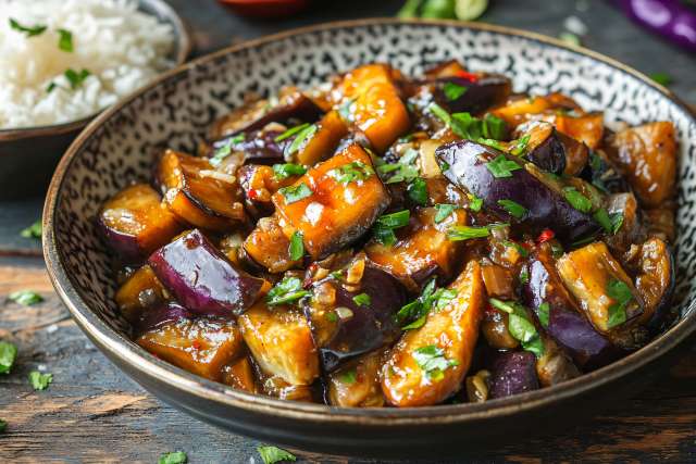 Stir-fried eggplant with sauce and garnished with herbs in a bowl, served with rice.