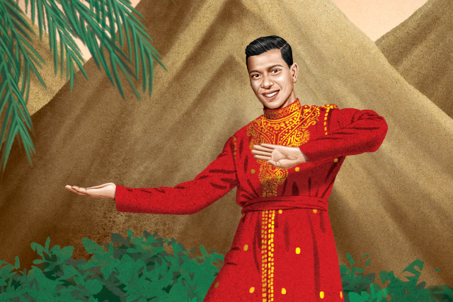 "Illustration of Dr. Kiran Kavipurapu performing a traditional Bollywood dance on stage, showcasing expressive hand gestures and dynamic movement, reflecting his passion for blending cultural heritage with artistic expression.