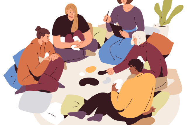 Illustration of a group therapy session with people sitting in a circle.