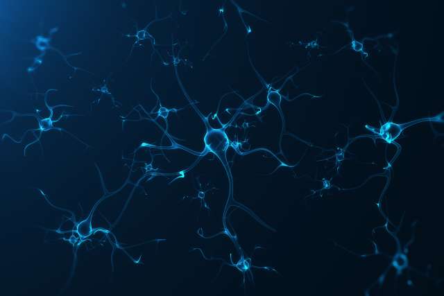 Blue abstract representation of interconnected neurons on a dark background.