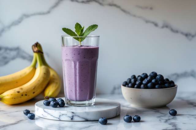 Banana Blueberry Smoothie on marble counter top