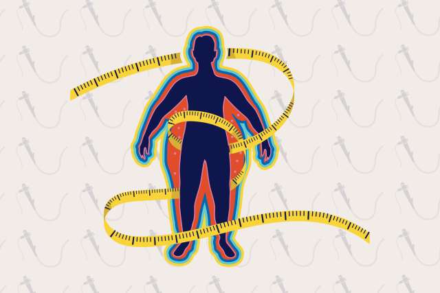 Illustration of a tape measure loosely flowing around a person.