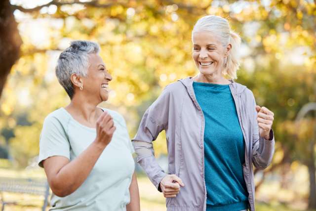 Two women over 60 walking together