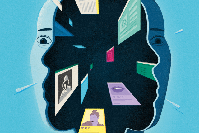 Illustration of overlapping human profiles with floating digital screens, symbolizing the impact of social media on schizophrenia delusions.