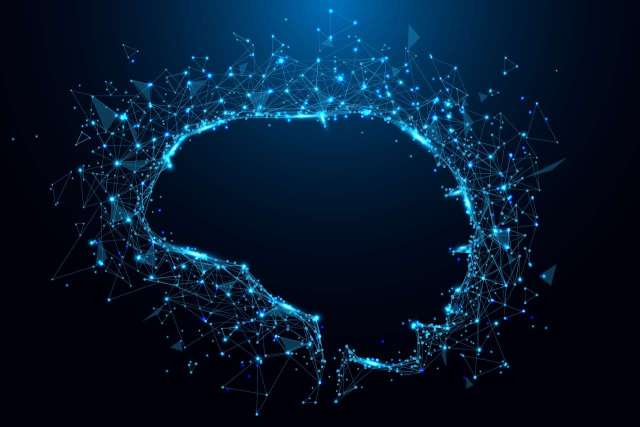 Abstract graphic of a glowing brain outline made of interconnected blue particles.