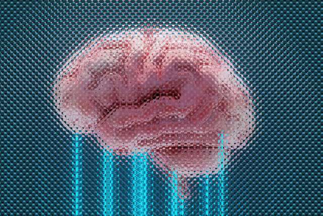 A pixelated brain with glowing blue lines.