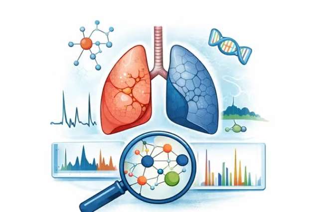 Left red and right blue lungs with magnifying glass showing molecules and charts