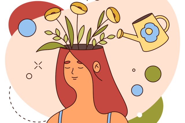 Illustration of a person with flowers growing from their head, symbolizing mental well-being.